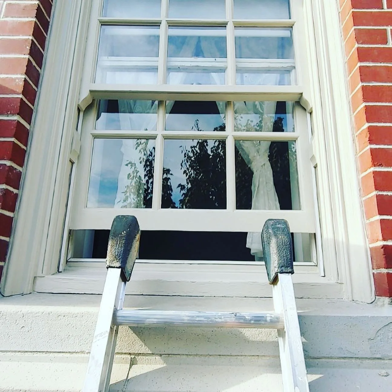 Before: Front window with painted trim and sash before painting, ladder resting against sill, Central - Granville St, Vancouver, BC