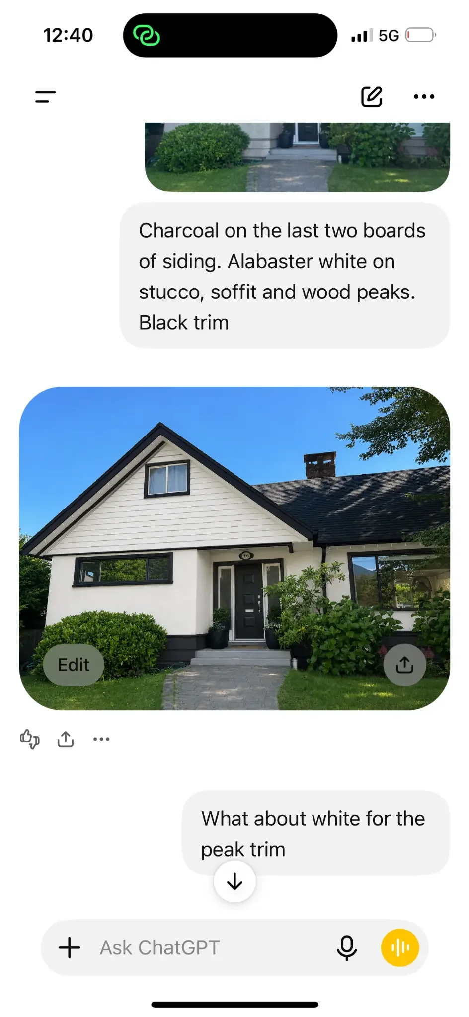 Full phone conversation showing a homeowner using an AI colour mockup for an exterior painting idea