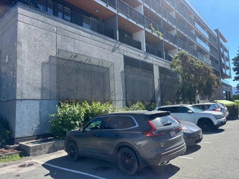 Before: Side elevation of building wall with protective screens, Downtown, Squamish, BC