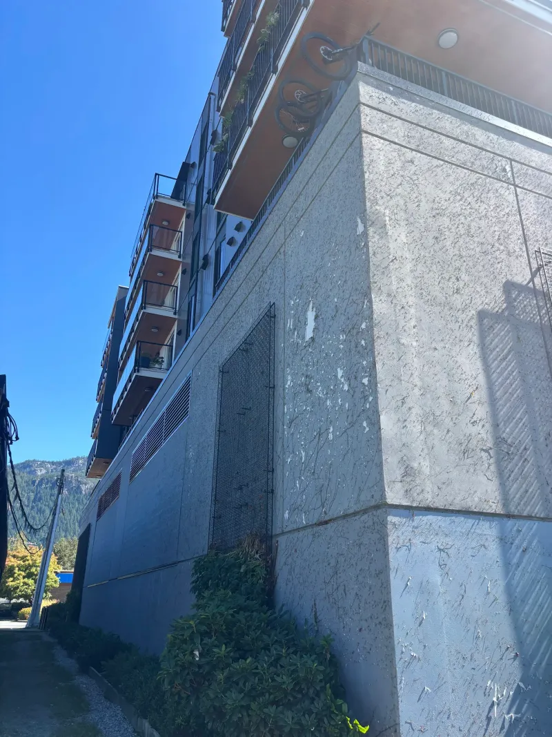 Before: Upward view of side elevation wall with stained panels, Downtown, Squamish, BC
