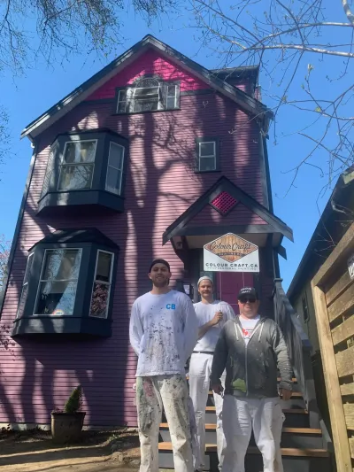 After: Staircase and front entry with pink door, East Vancouver