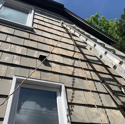 Before: Cedar shingles with ladder, showing extent of weathering, Garibaldi Highlands