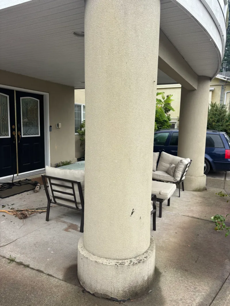 Before: Covered entry porch with a round column, double front doors, and outdoor seating, Garibaldi highlands, Squamish, BC