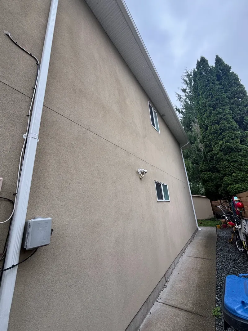 Before: Side elevation of a house with two small windows and a plain wall surface, Garibaldi highlands, Squamish, BC