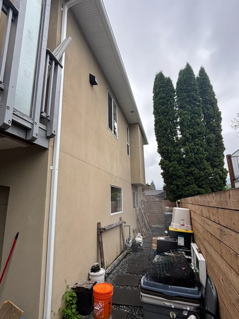 Before: Narrow side yard view of a house wall with two windows and a roof vent, Garibaldi highlands, Squamish, BC