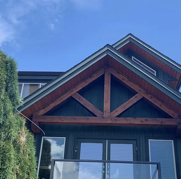 After: Close-up of restored timber beams with Helmsman Spar Urethane, Garibaldi Highlands