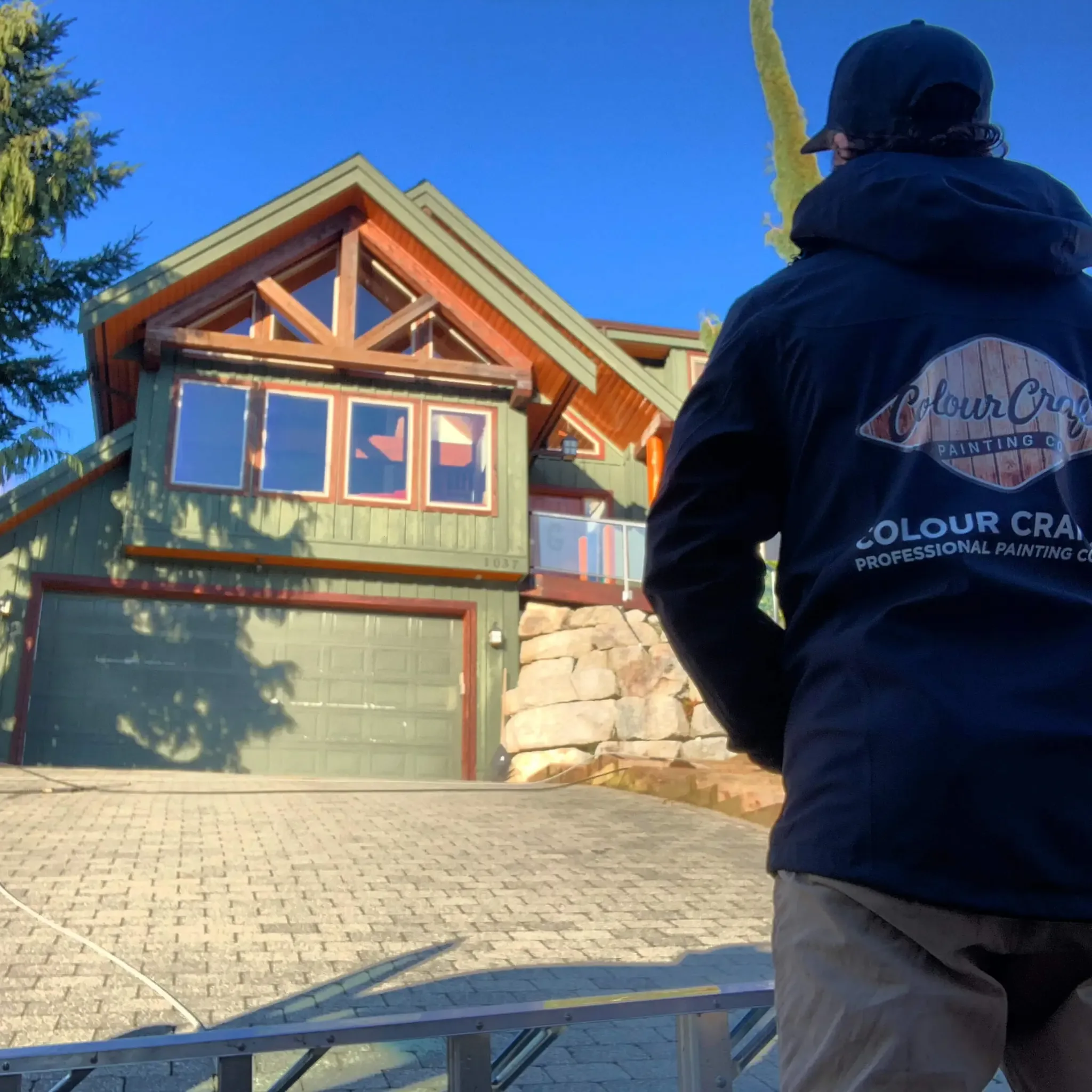 After: Front of home with restored beams and fresh solid stain, Garibaldi Highlands