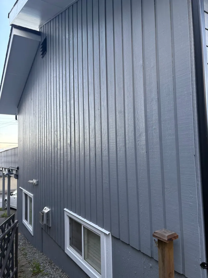 After: Side elevation of house with vertical siding and two windows, New Westminster, BC
