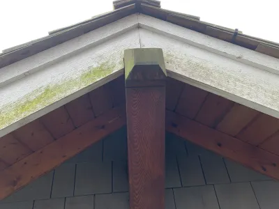 Before stain restoration, exterior view six at this North Vancouver home