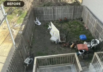 Before backyard overhead, grey weathered fence and railing, Philadelphia PA