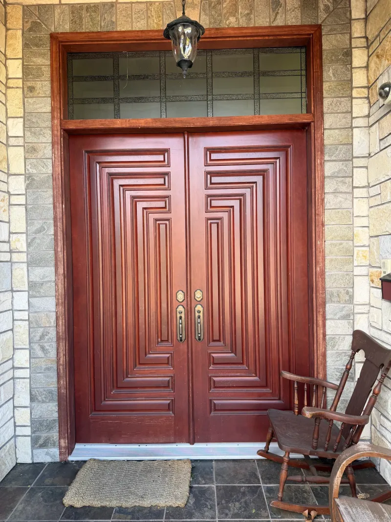 Before: Front entry double door with sidelight transom window, stone surround and porch tile, Seafair, Richmond, BC