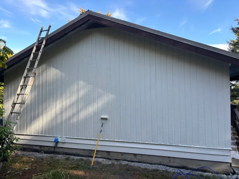 After: Side elevation of house with freshly painted cream vertical siding and dark trim, Souther Salt Spring. Isabella Point / Roland Rd, BC