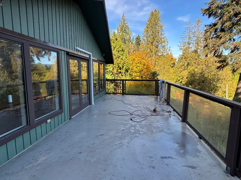 Before: Upper deck with glass railing, french doors, and view of trees, Souther Salt Spring. Isabella Point / Roland Rd, BC