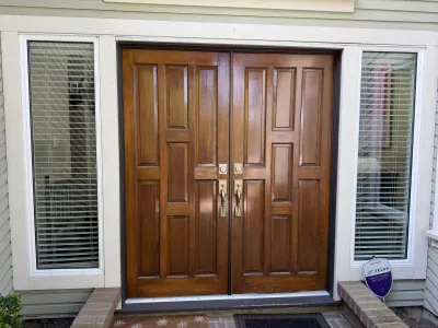 Before: front doors, Tsawwassen Delta BC, natural wood stain
