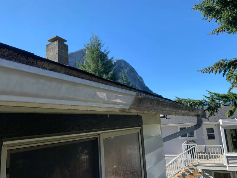 Before: Close view of roofline, gutter, and chimney against sky and mountain, - Valley Cliff, Squamish, BC
