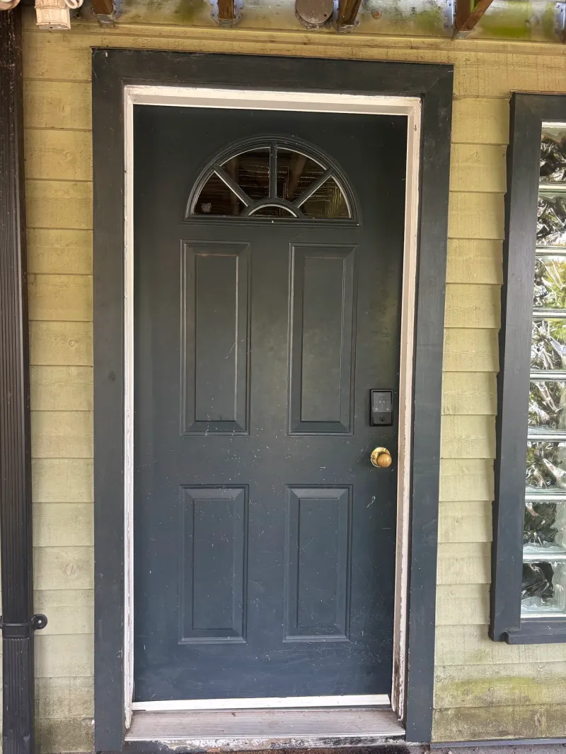Before: Front entry door with arched window panel and trim surround, Vancouver, West Vancouver, BC