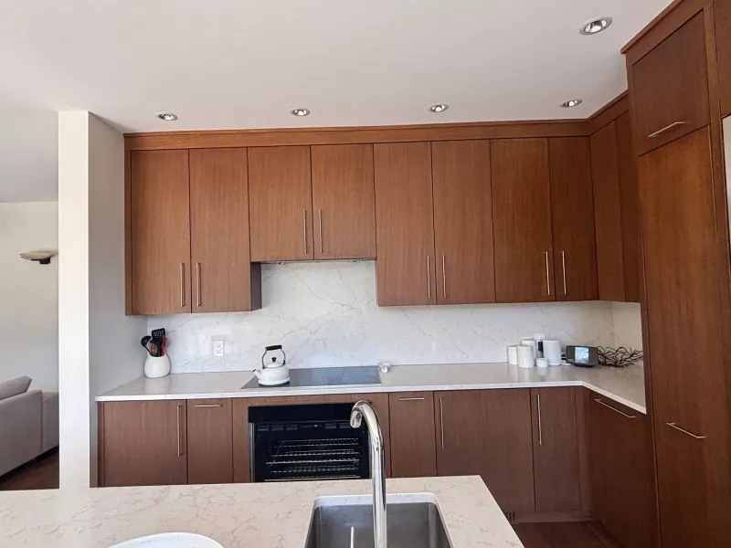 Before: Kitchen wall cabinets above a built-in oven and countertop with a sink in the foreground, Whistler, BC