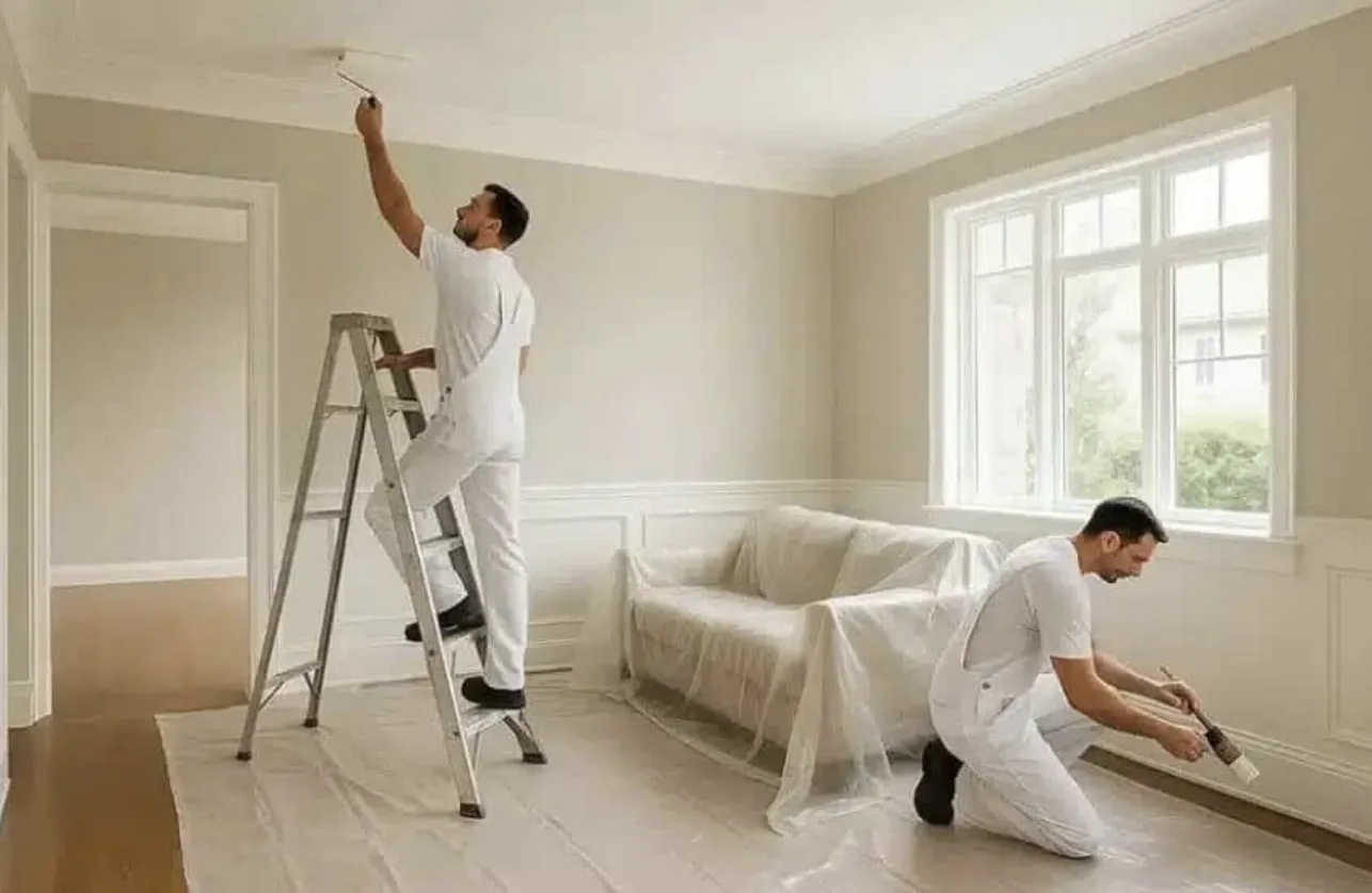 Ceiling painting — two painters on ladder by Colour Craft Painting