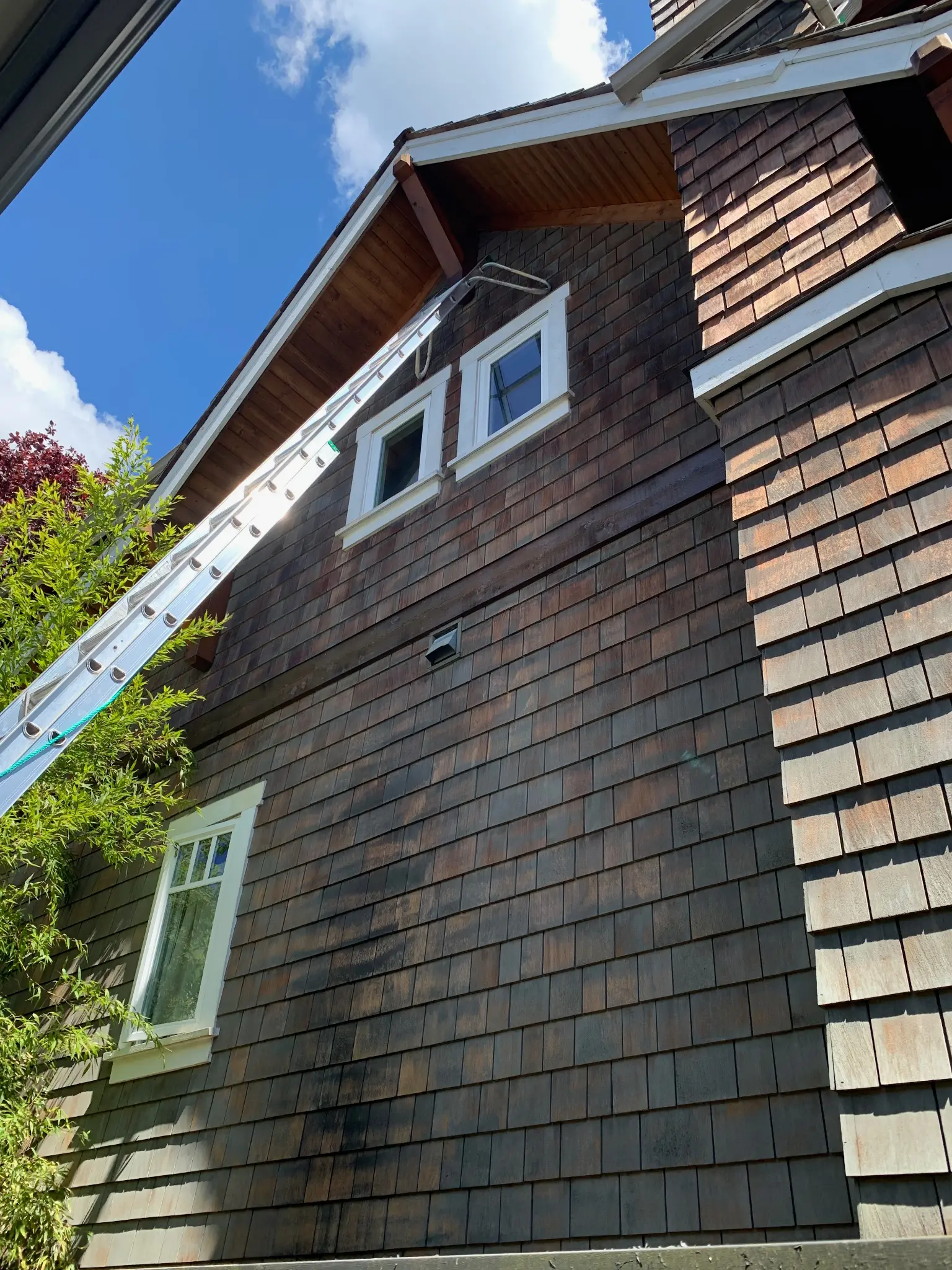 Before stain restoration, exterior view five at James’s North Vancouver home