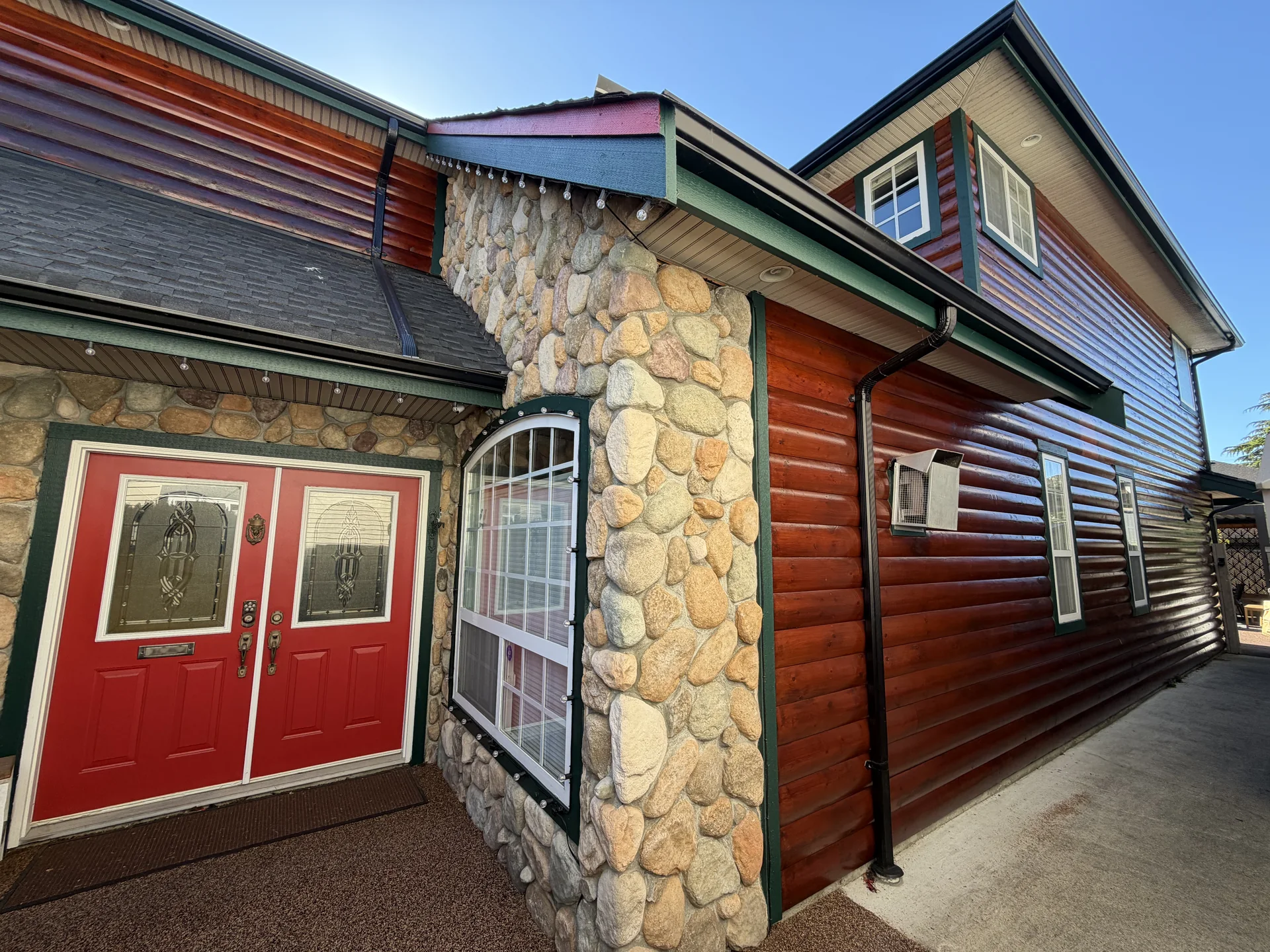 Completed log siding and trim detail in Steveston Richmond BC