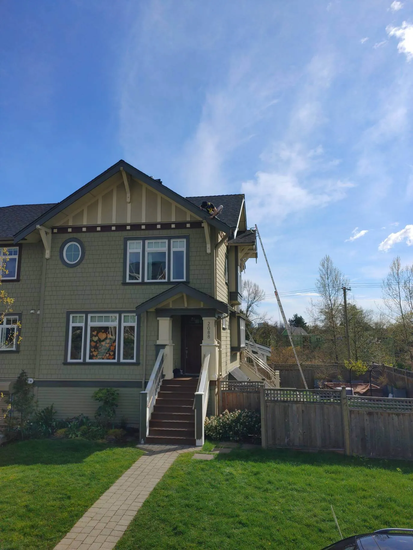 Patrick residence — Colour Craft crew working on upper trim, Lakewood Drive East Vancouver