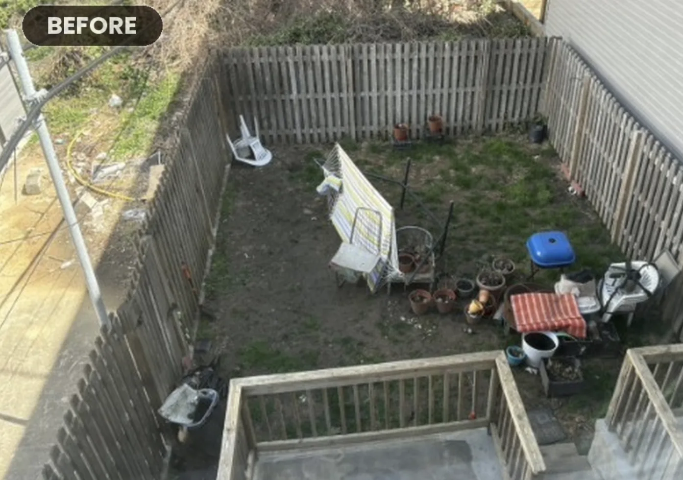 Before backyard overhead — grey weathered fence and railing, Philadelphia PA